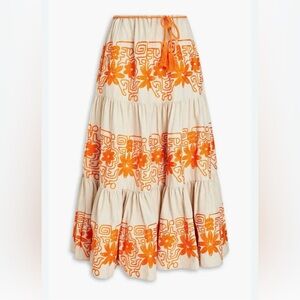 MAJE TIERED EMBROIDERED FLORAL LINEN BLEND MIDI SKIRT CREAM ORANGE SIZE 34 S
